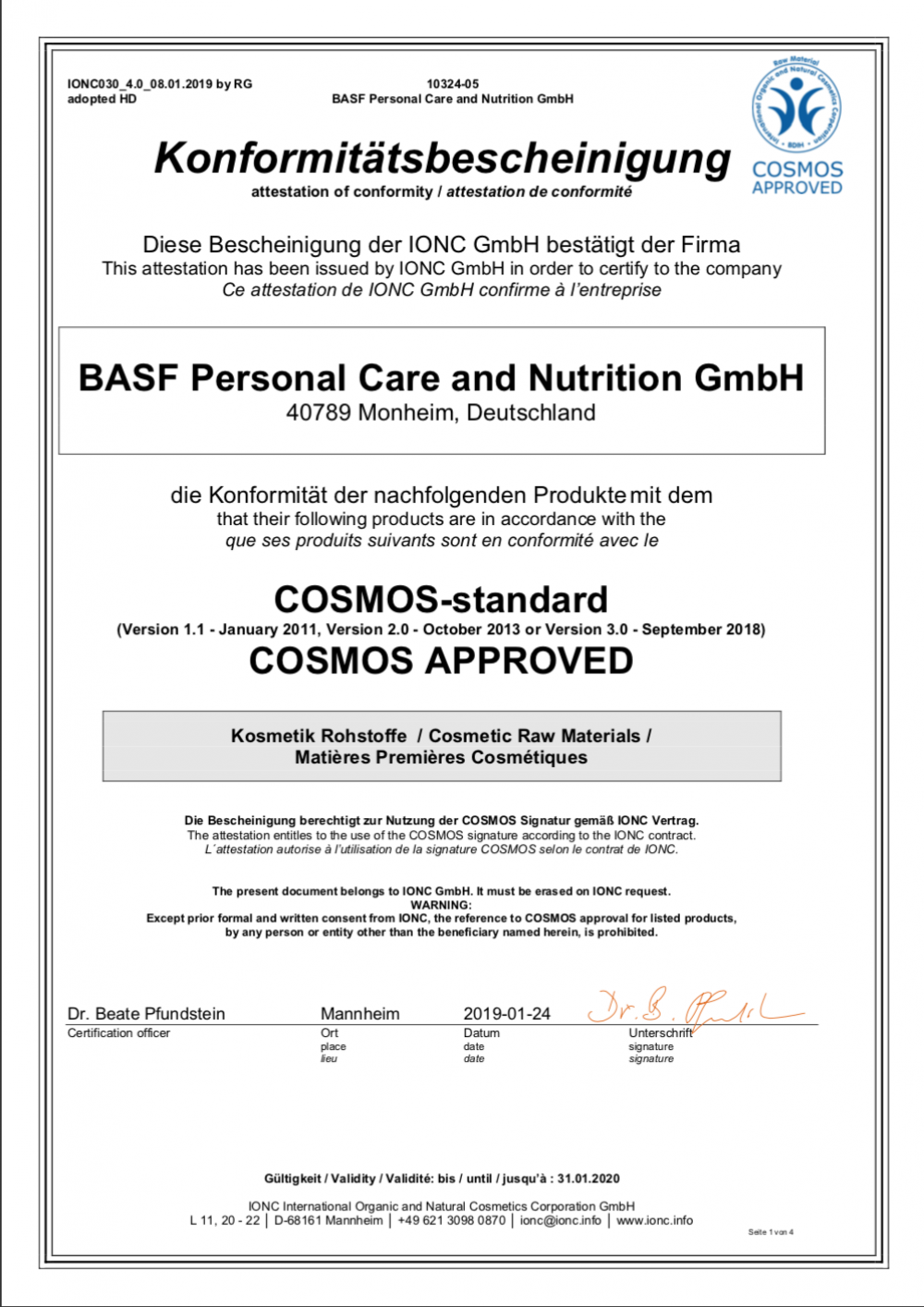 BASF_Konformitätsbescheinigung_COSMOS APPROVED 2019