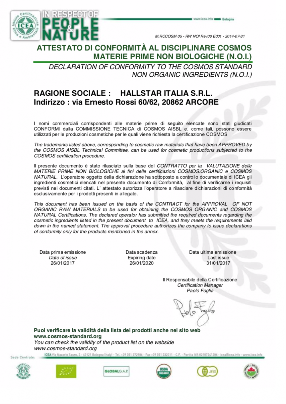 COSMOS approval - Hallstar Italia product_20200126