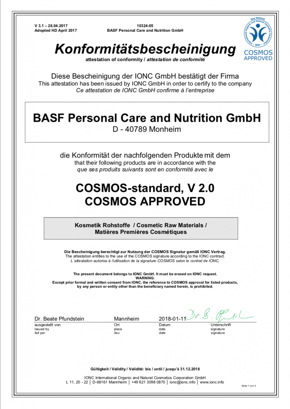 COSMOS APPROVED cerficate 2018_BASF_Konformitätsbescheinigung