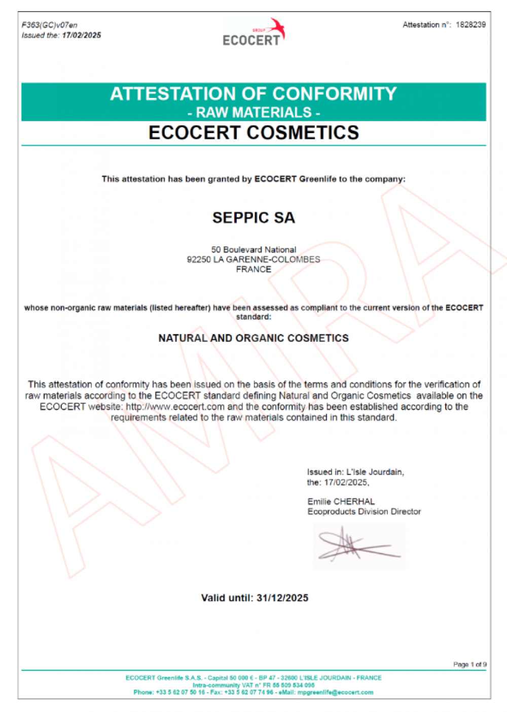 Seppic Ecocert 2025