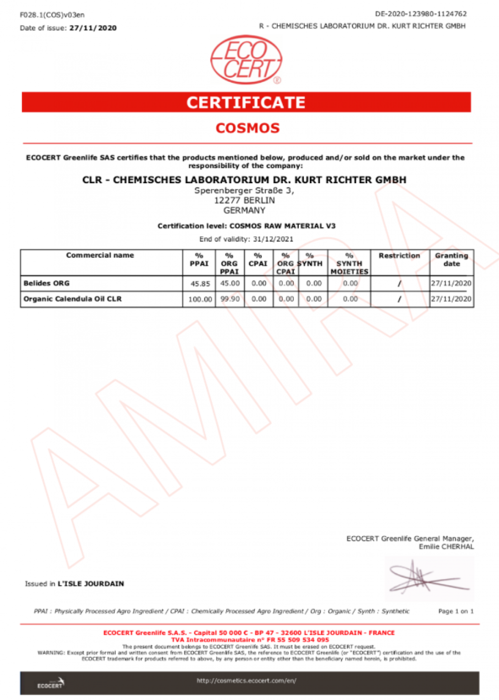 COSMOS 有機金盞花油證書 2020-2021 - CLR CHEMISCHES LABORATORIUM DR. KURT RICHTER GMBH