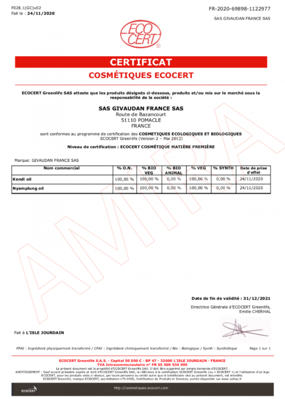 ECOCERT 有機石栗果油證書 2020-2021 - SAS GIVAUDAN FRANCE SAS