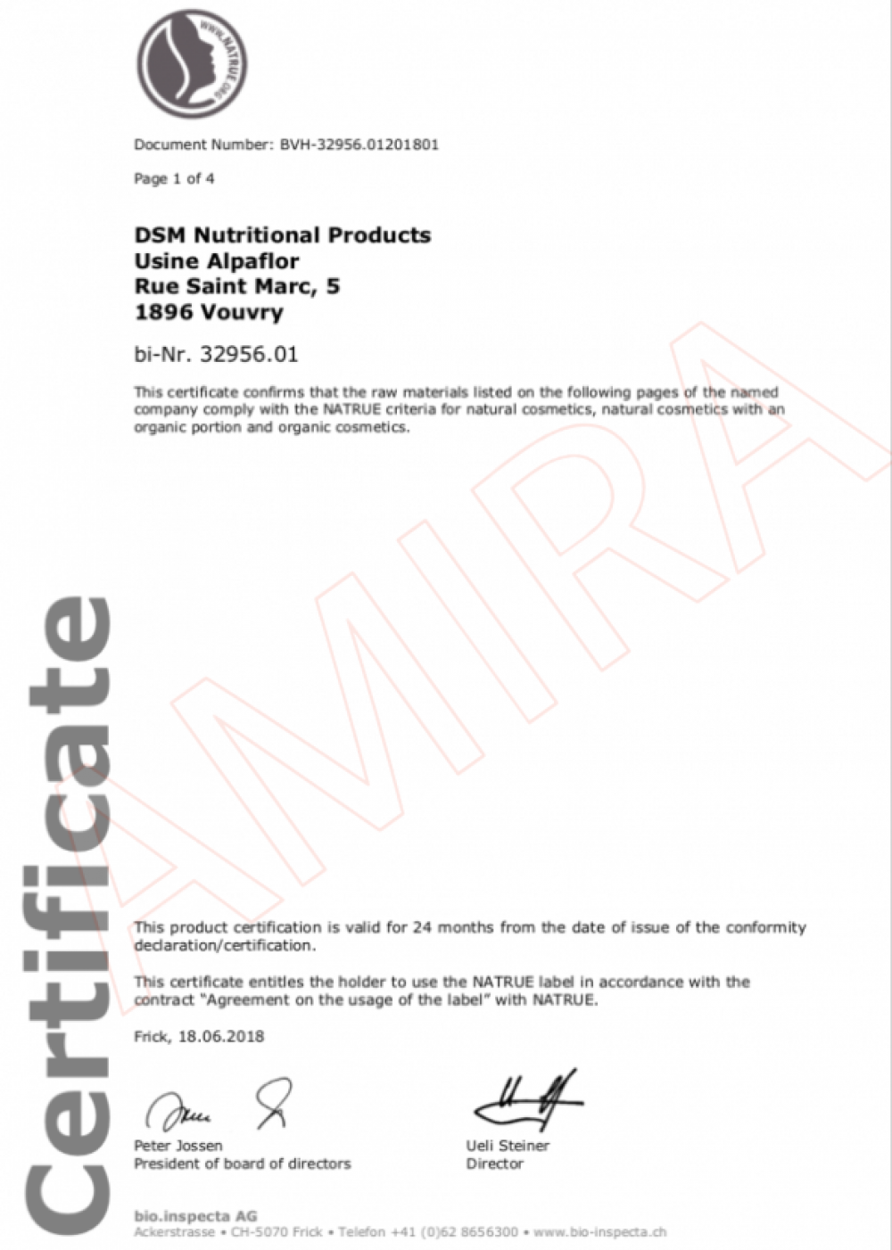 NATRUE Alpaflor 系列天然與有機化妝品原料證書 2018-2020 - DSM Nutritional Products-2019