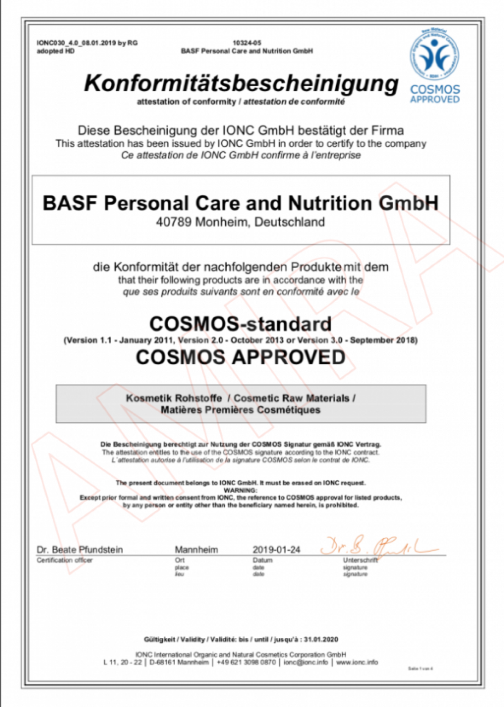 COSMOS APPROVED BASF 化妝品原料符合性證明 2019