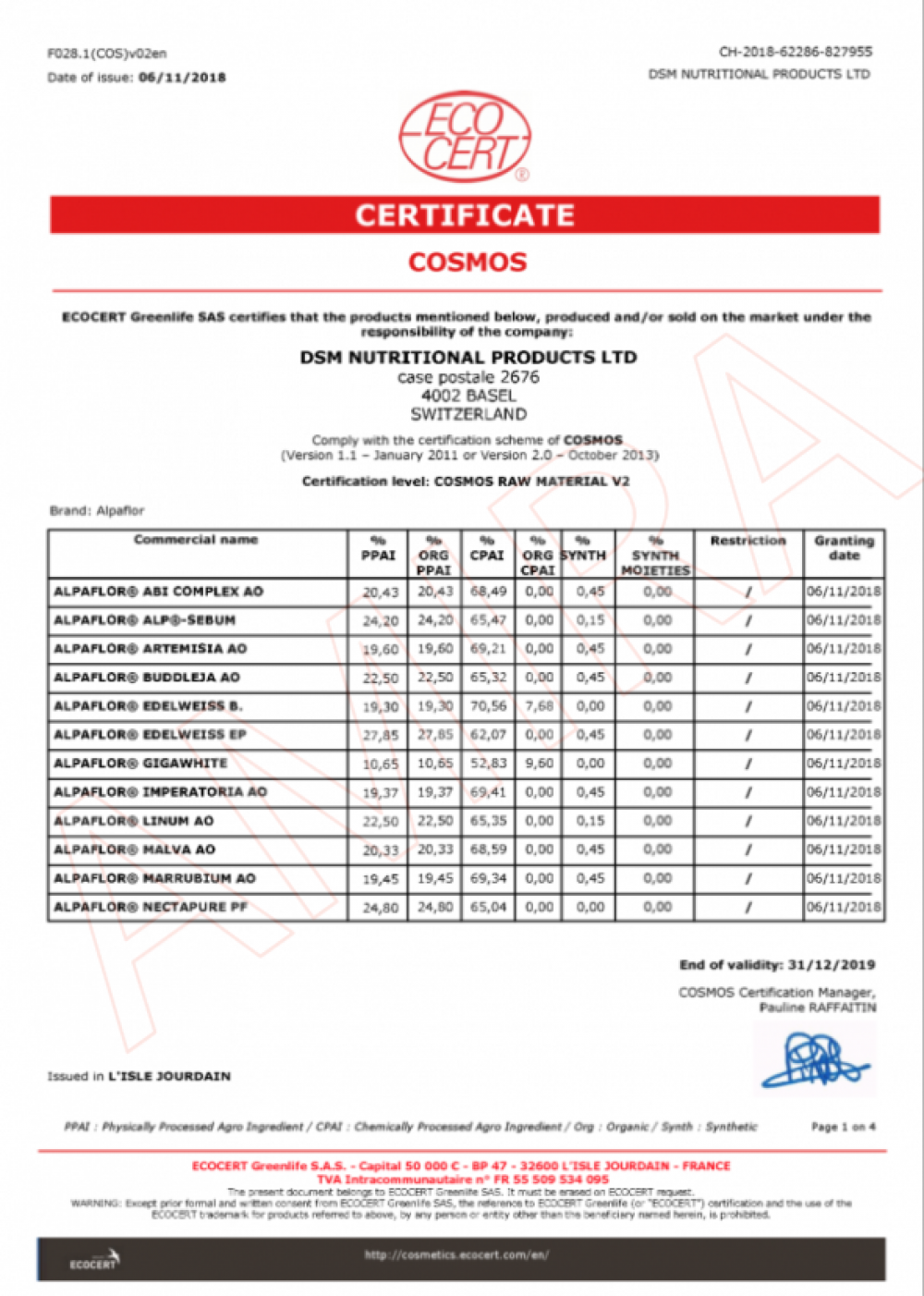 COSMOS Alpaflor 系列化妝品原料證書 2019 - DSM Nutritional Products