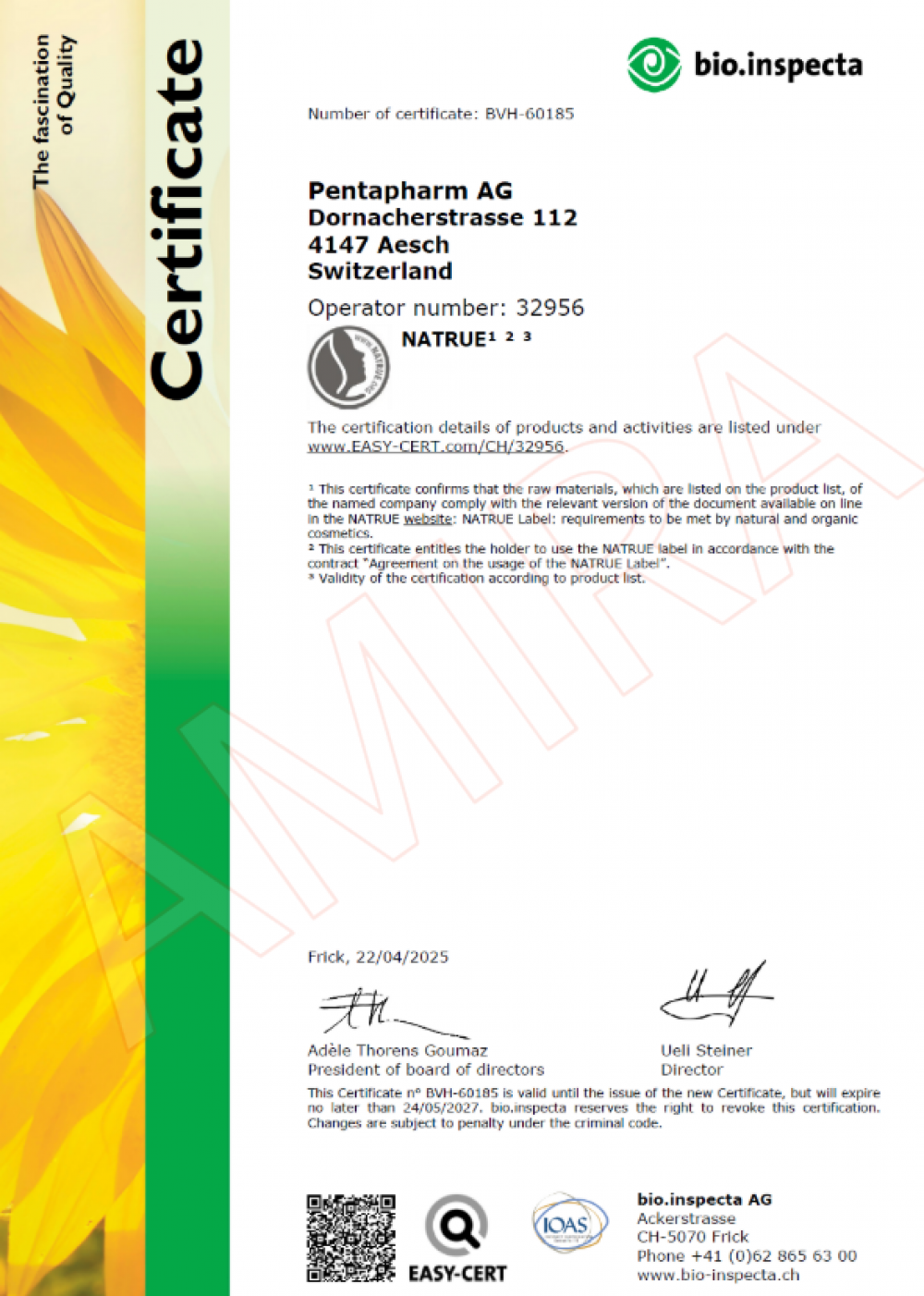 Pentapharm AG 原料獲得 bio.inspecta 驗證之 NATRUE 國際天然有機化妝品認證證書