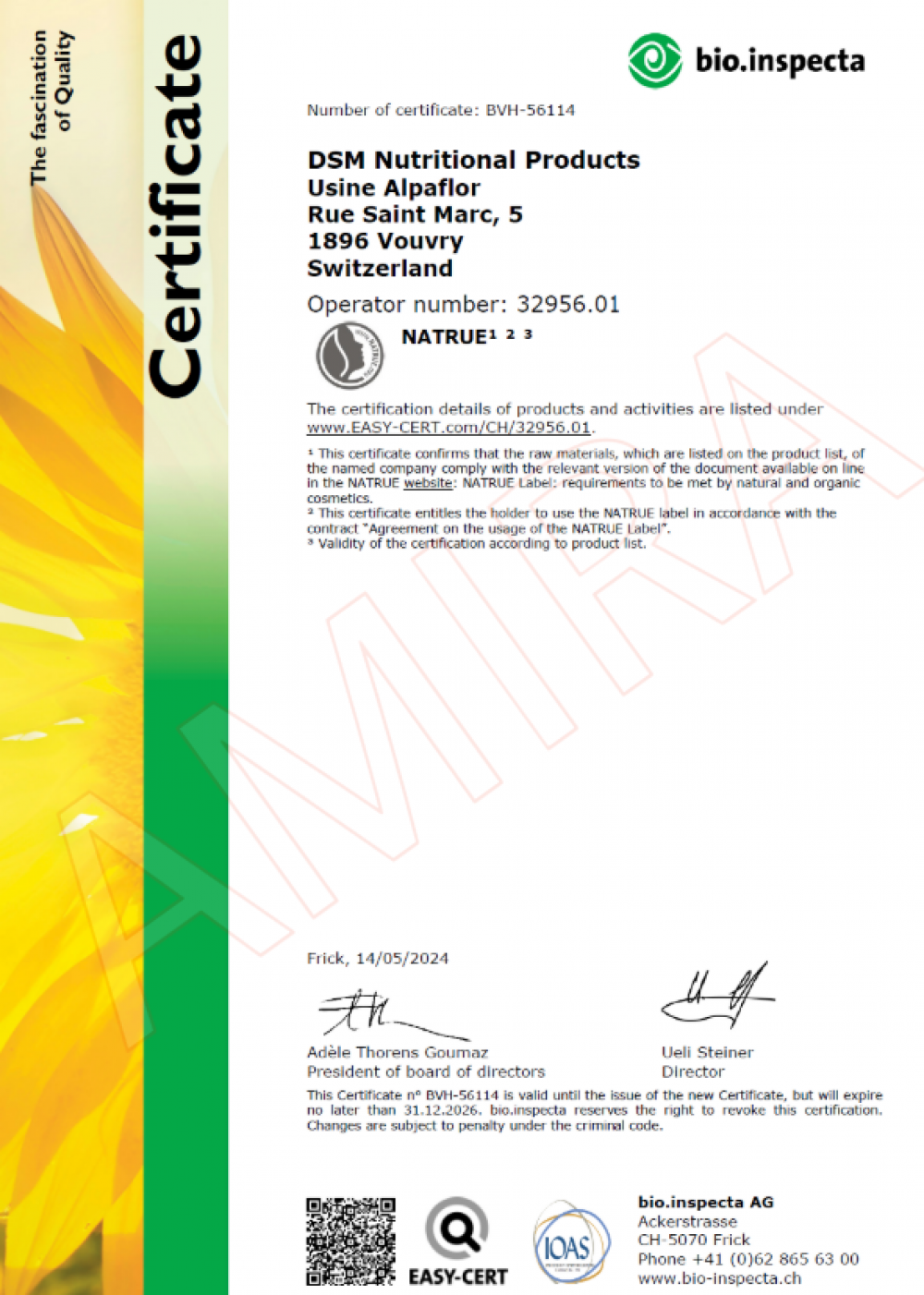 DSM Nutritional Products 瑞士 Alpaflor 系列原料獲得 NATRUE 國際天然有機化妝品認證證書