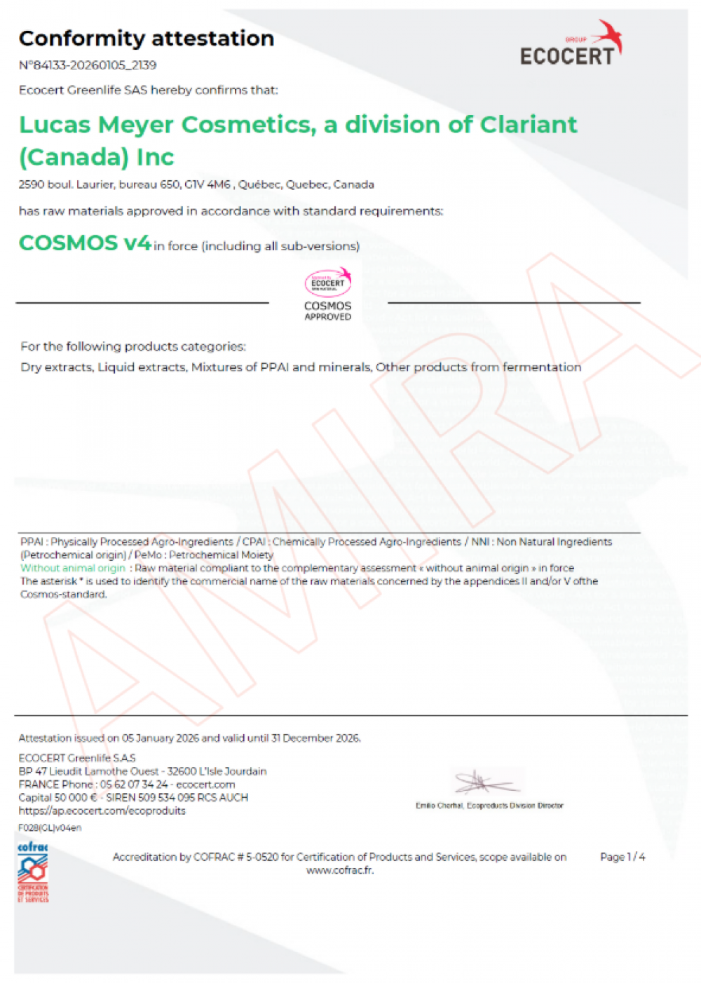 SOUTHERN CROSS BOTANICALS 澳洲原料獲得 ECOCERT COSMOS v4 國際有機認證文件證明
