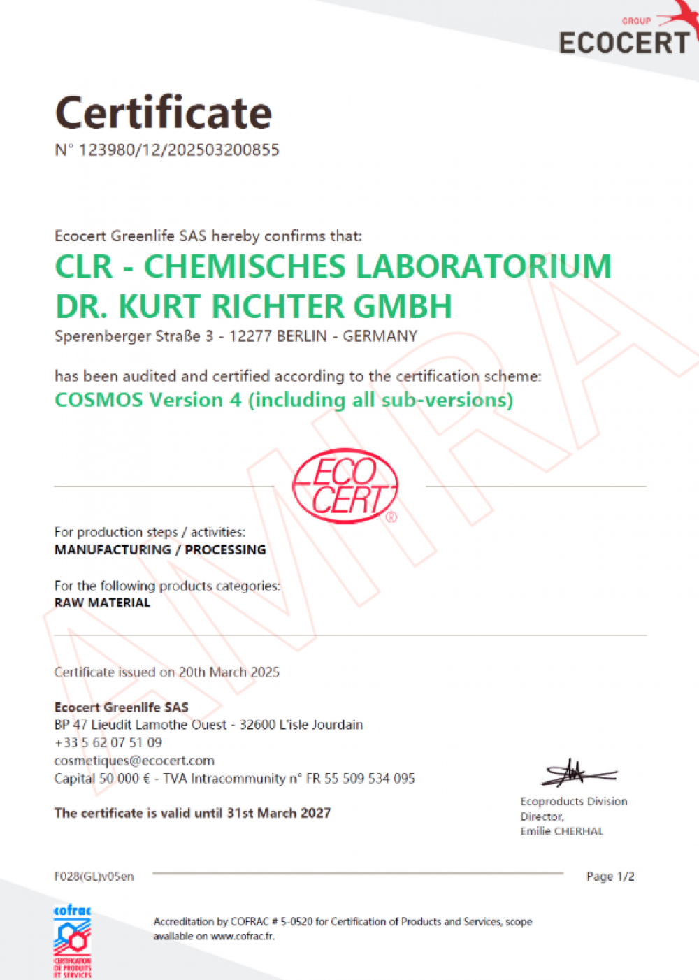 CLR CHEMISCHES LABORATORIUM 德國原料商獲得 ECOCERT COSMOS Version 4 國際有機認證證書