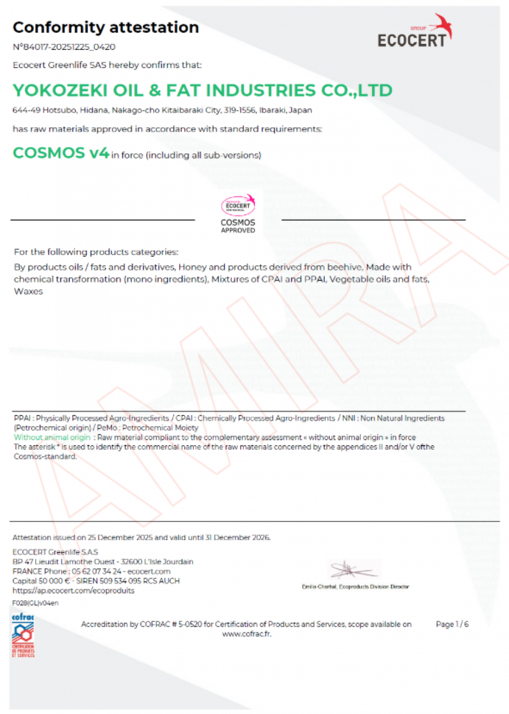 YOKOZEKI OIL & FAT INDUSTRIES 日本橫關油脂原料獲得 ECOCERT COSMOS v4 國際有機認證文件證明