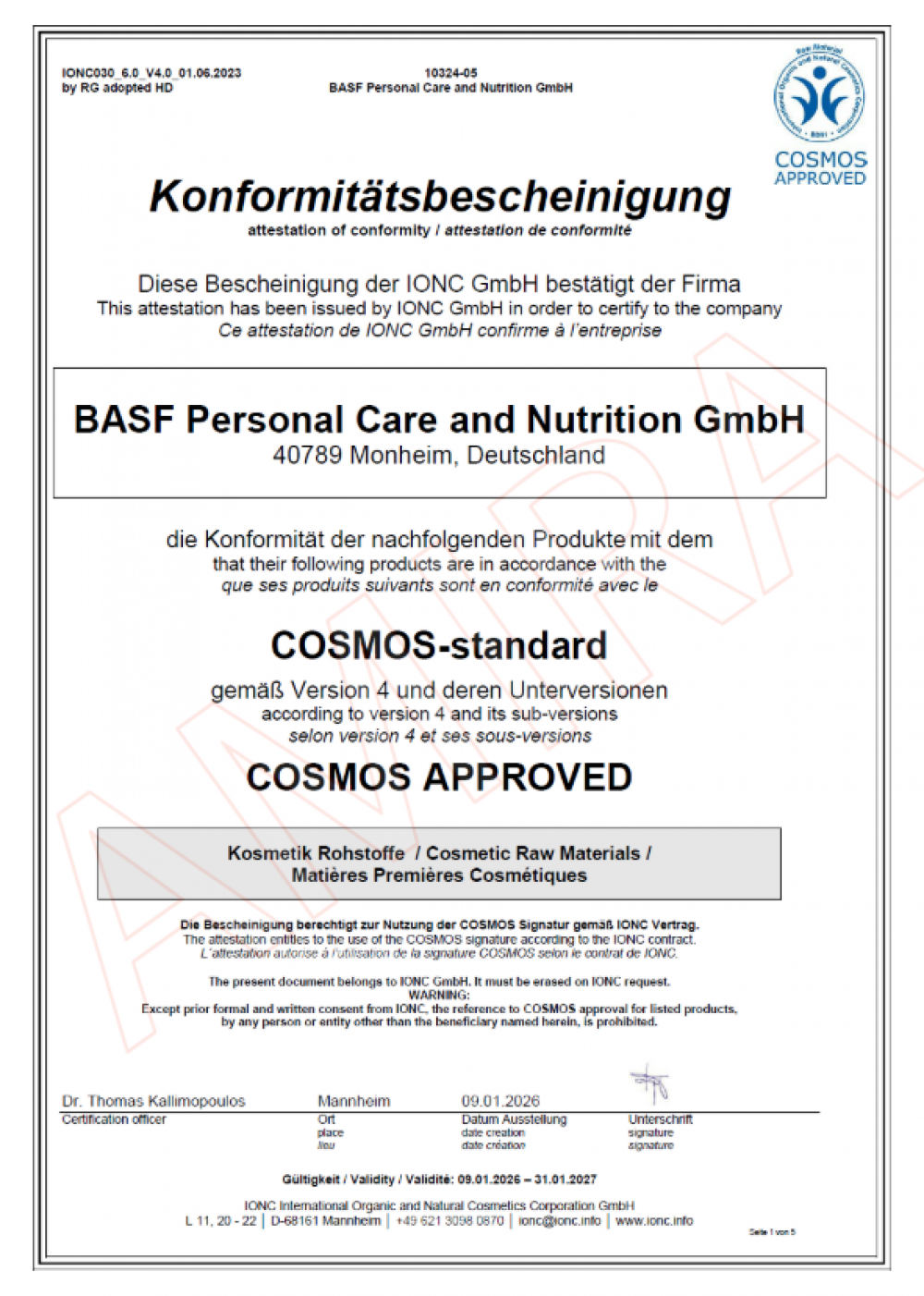 BASF Personal Care 德國巴斯夫原料獲得 IONC 驗證之 COSMOS APPROVED Version 4 國際天然有機認證文件證明
