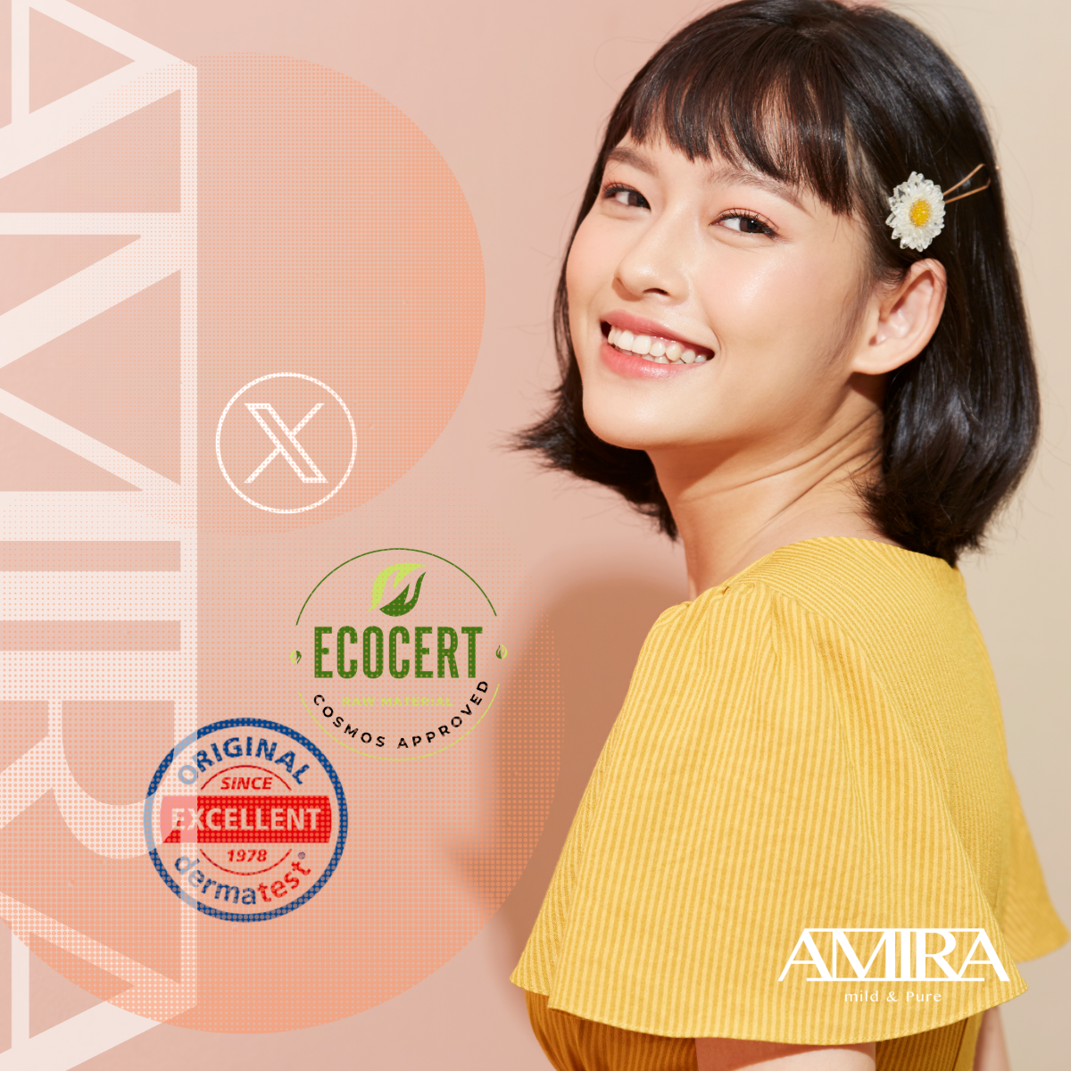 AMIRA品牌主視覺，模特兒微笑搭配ECOCERT與Dermatest認證標章