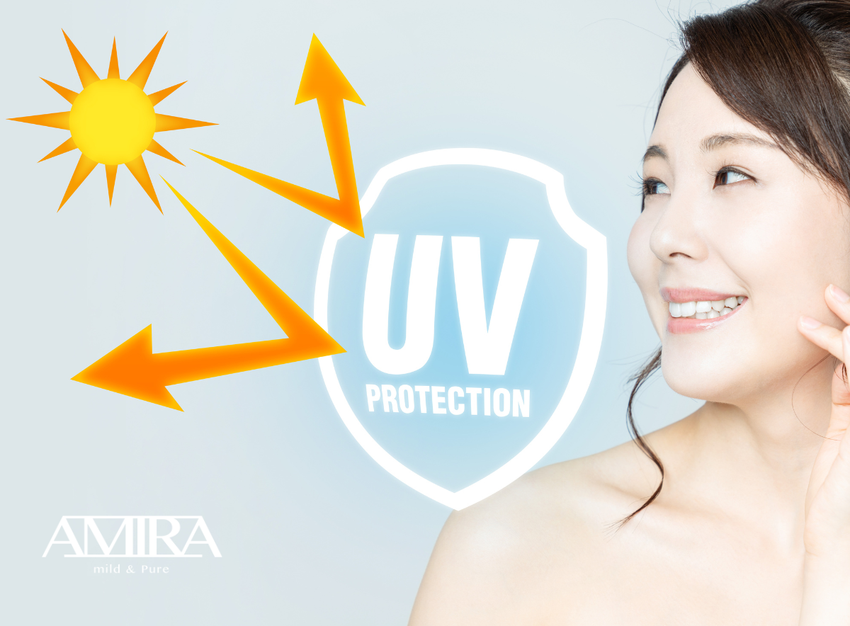 太陽紫外線被防曬盾牌反射,象徵AMIRA SPF30防曬力