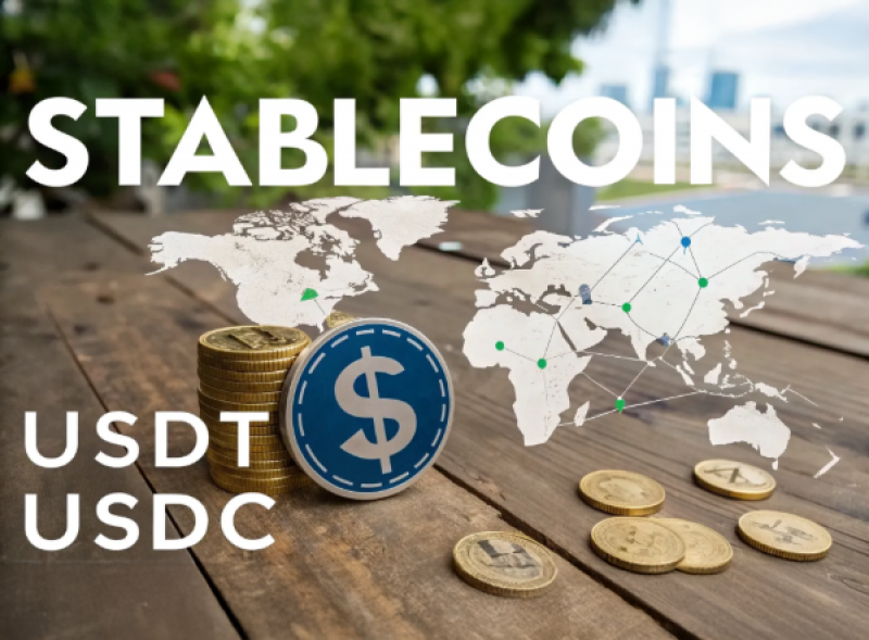 穩定幣USDT與USDC概念圖，顯示美元符號與全球連結網絡，象徵數位貨幣的全球化應用與穩定幣市場布局