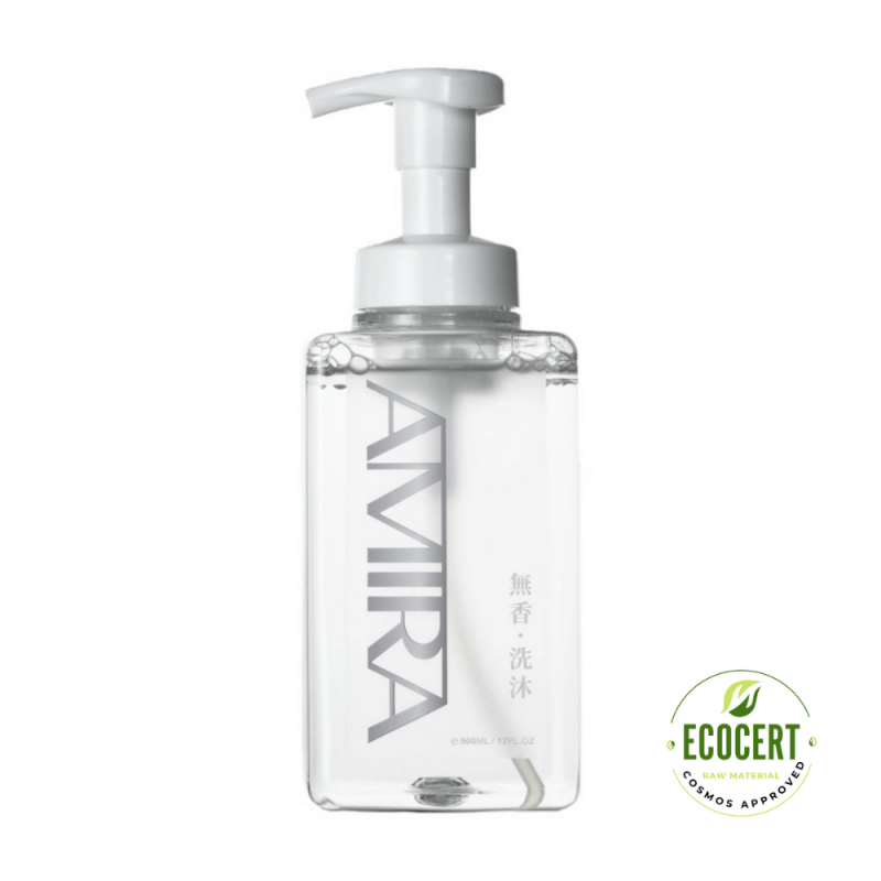 AMIRA A71無香洗沐產品瓶身，搭配ECOCERT有機認證標誌