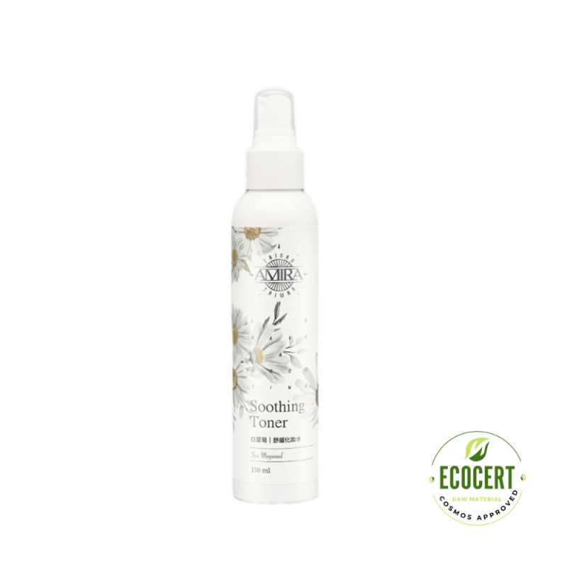 AMIRA A49 白夏菊舒緩化妝水瓶身，搭配ECOCERT有機認證標誌