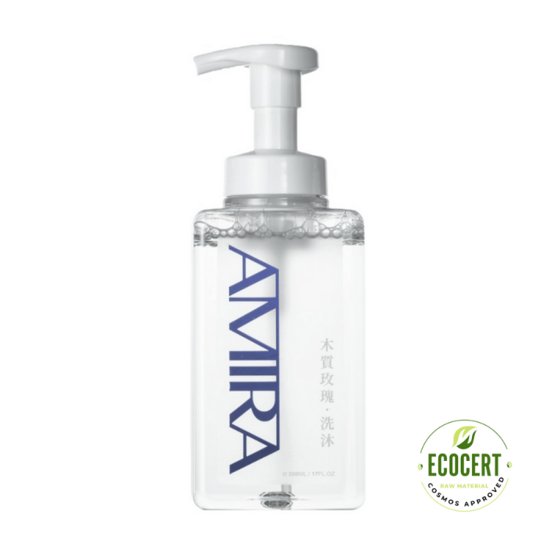 AMIRA A67木質玫瑰洗沐瓶身 ，搭配ECOCERT有機認證標誌