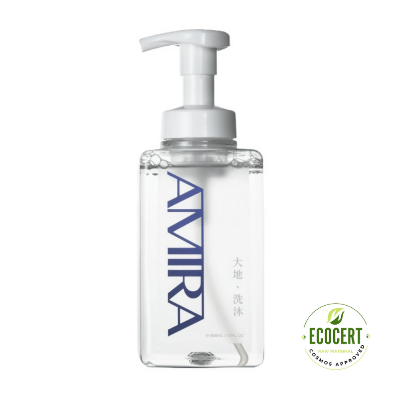 AMIRA A69大地洗沐瓶身 ，搭配ECOCERT有機認證標誌