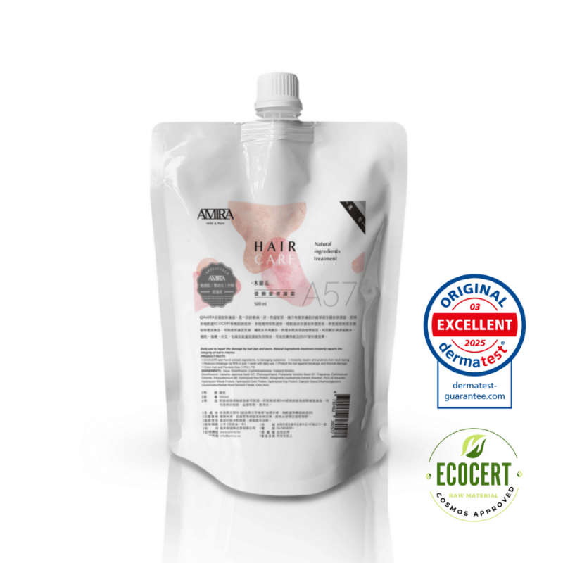 AMIRA A57天然成分護髮素500ml補充包，獲得Dermatest 2025年EXCELLENT等級與ECOCERT有機認證標章。