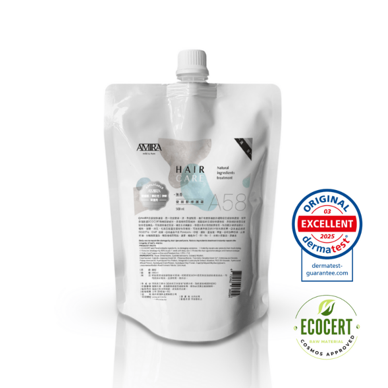 AMIRA A58修護霜補充包500ml，通過Dermatest 2025 EXCELLENT等級與ECOCERT COSMOS有機認證標章。