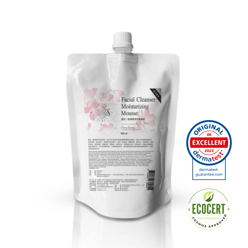AMIRA櫻花保濕慕斯潔顏補充包500ml，榮獲Dermatest優異認證與ECOCERT有機原料認可