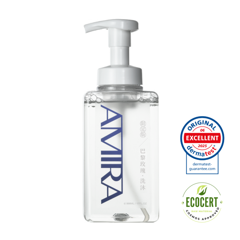 AMIRA A76限定版-巴黎玫瑰洗沐瓶身 ，搭配ECOCERT有機認證與DERMATEST認證標誌