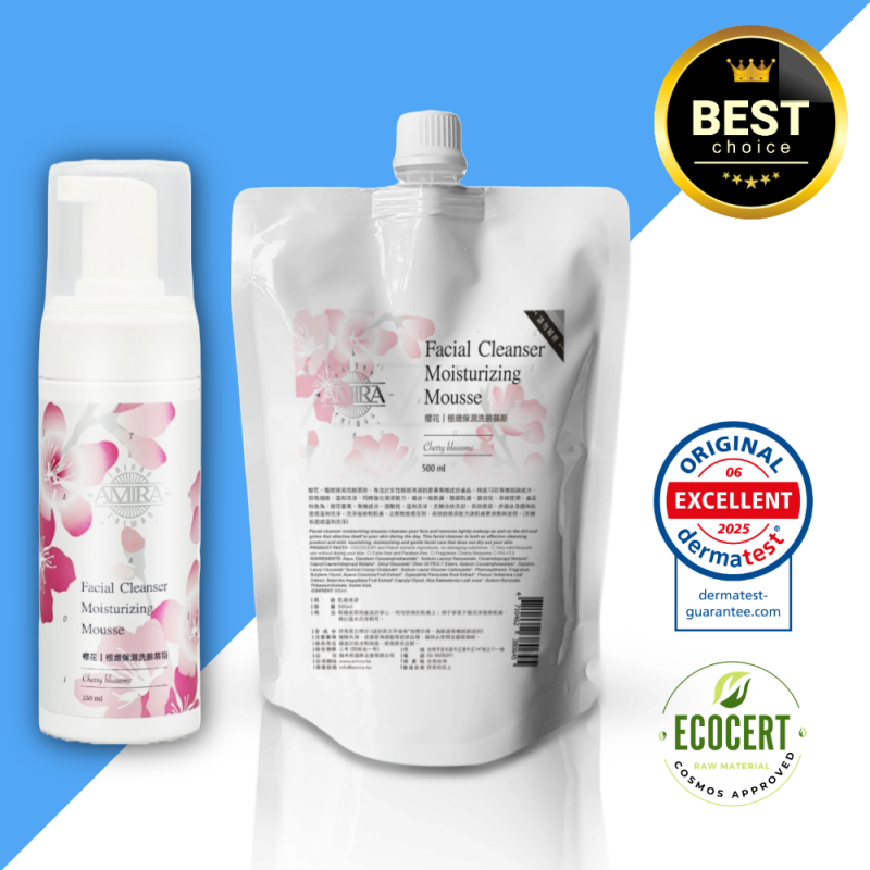 AMIRA櫻花保濕慕斯潔顏補充包500ml，附贈120ml壓頭瓶，榮獲Dermatest優異認證與ECOCERT有機原料認可