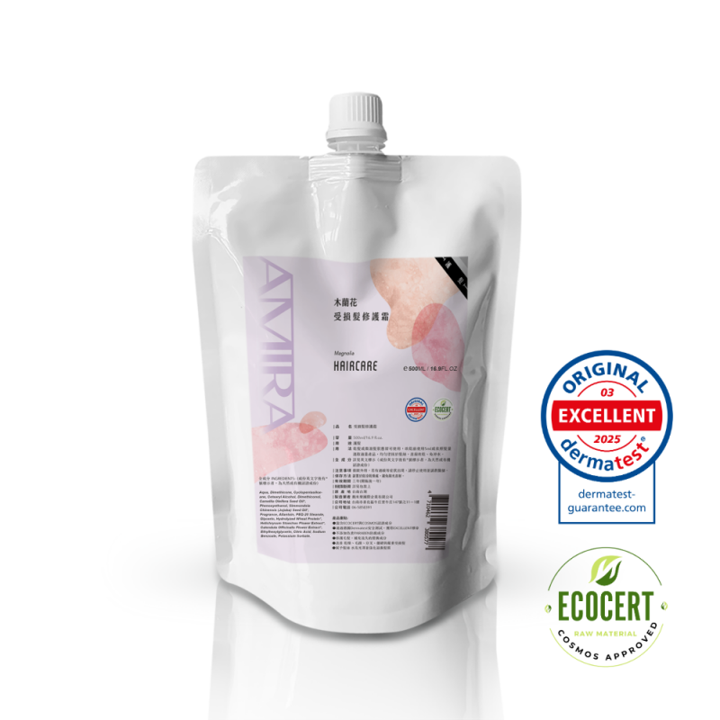 AMIRA A57天然成分護髮素500ml補充包，獲得Dermatest 2025年EXCELLENT等級與ECOCERT有機認證標章。