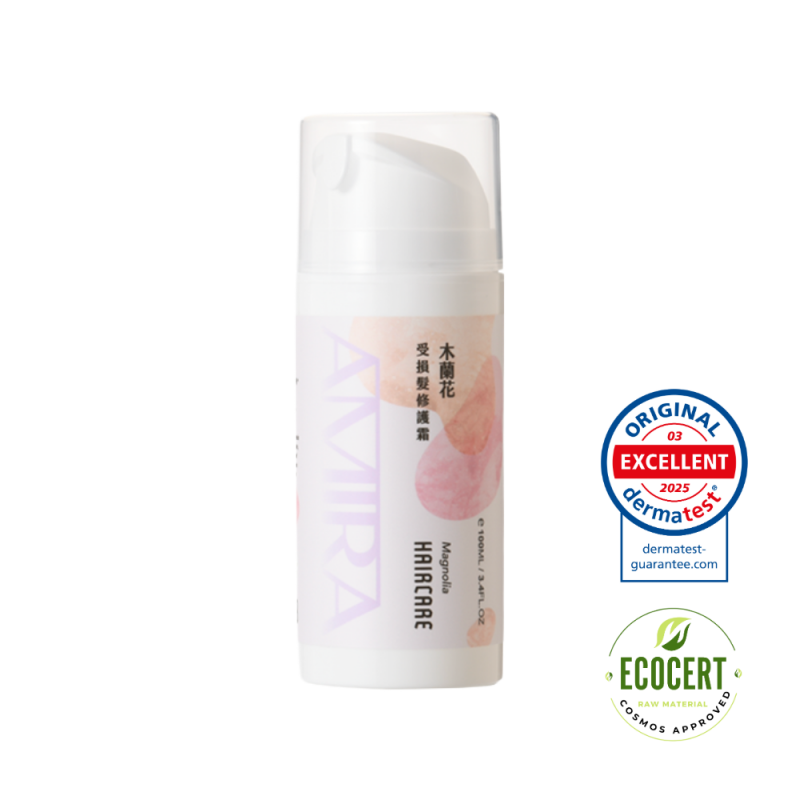 AMIRA木蘭花護髮修護霜100ml隨身瓶，通過Dermatest 2025 EXCELLENT等級及ECOCERT COSMOS有機認證標章